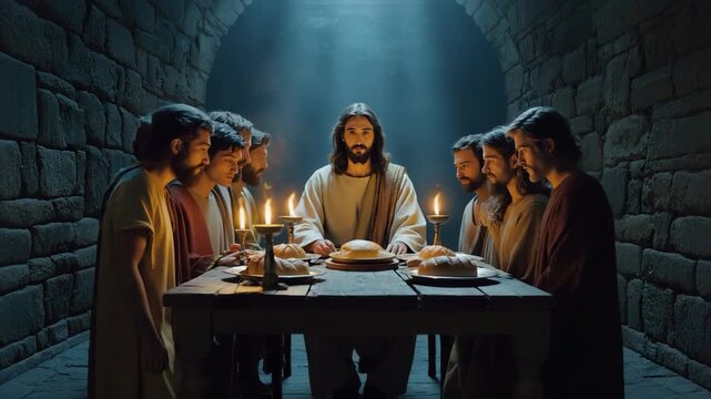 Jesus and his male adult middle eastern disciples gather around a rustic wooden table. Candles illuminate the solemn supper with bread. A spiritual scene for religious themes