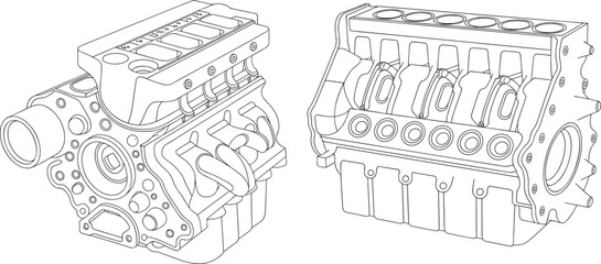 Obraz premium Technical line art vector illustration of internal combustion engine blocks, automotive mechanical engineering and industrial design
