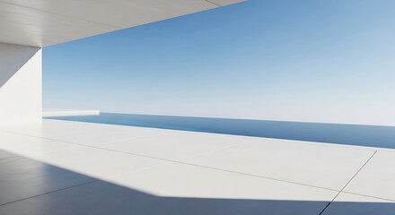 Fototapeta premium Modern architectural balcony overlooking a serene ocean horizon under a clear blue sky creating a tranquil and minimalist aesthetic