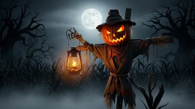Spooky Halloween scarecrow with glowing pumpkin head holding a lantern in a dark misty cornfield under a full moon