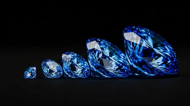 Five brilliant blue sapphire gemstones arranged in ascending size on a dark surface for luxury and growth