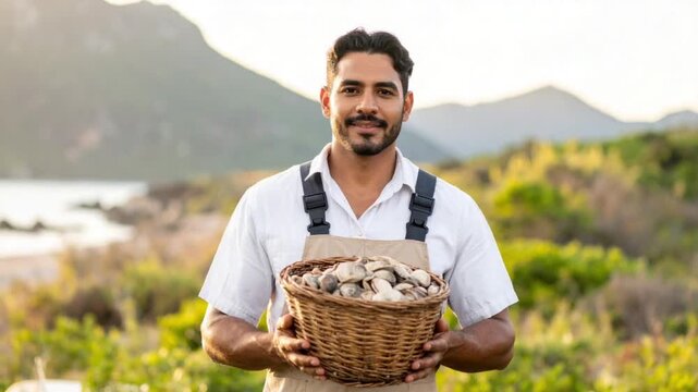 Young man proudly holding a basket of fresh clams by the sea