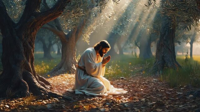 Jesus christ praying in the garden of gethsemane with divine light shining through olive trees. A spiritual and cinematic depiction of a biblical scene for easter or lent