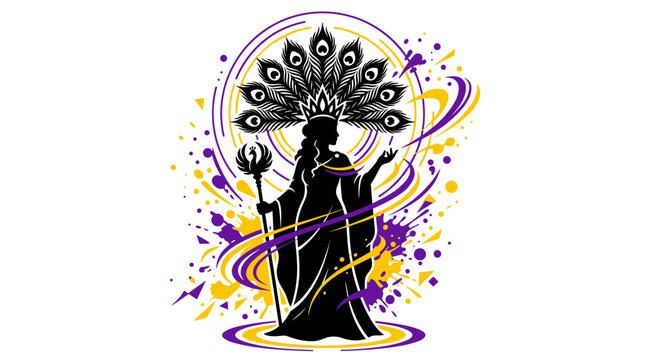 Mystical goddess silhouette with peacock feather headdress and abstract splashes vector illustration