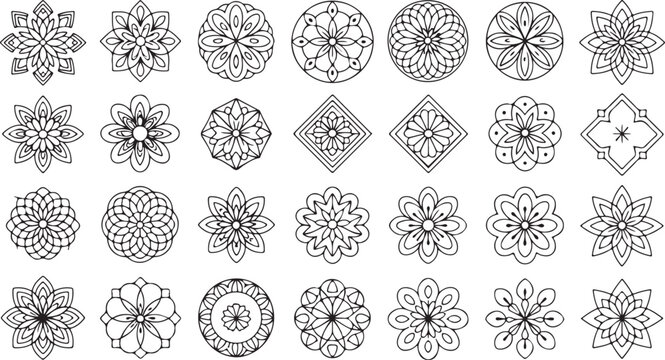 set of intricate floral mandala designs in black and white for decorative use