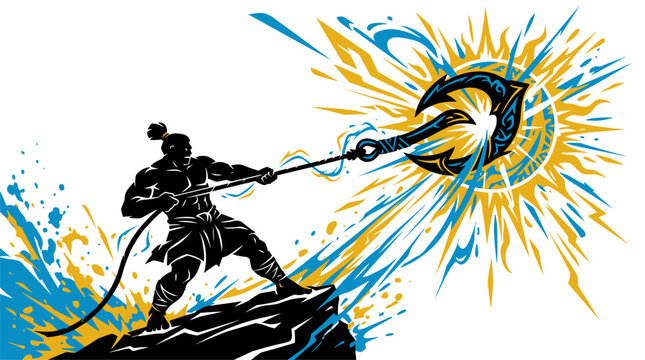 Polynesian demigod silhouette pulling the sun with a tribal fish hook vector illustration