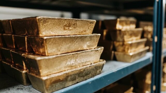Stacks of gold bars arranged on industrial shelves inside secure vault facility symbolizing wealth reserve financial security global economy investment stability and power