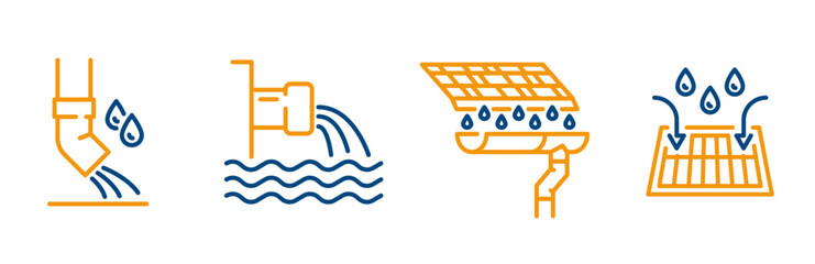 Fototapeta na wymiar Urban waste drainage icons, set icon of drain water of roof, gutter with rain pipe, street storm sewage, urban sewer drain, outline editable stroke