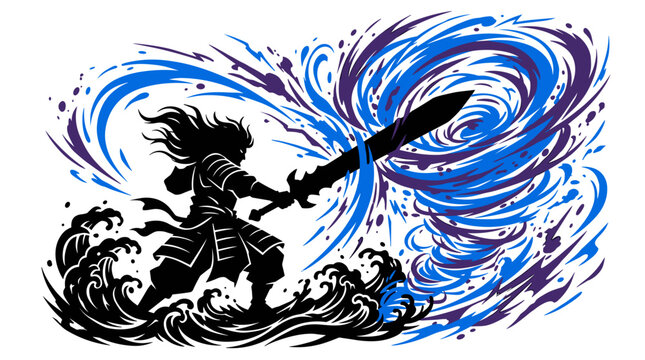Samurai warrior silhouette wielding large sword with blue energy swirls vector illustration