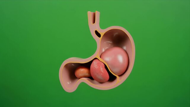 Three dimensional animation of human stomach digestion cross section on green background.