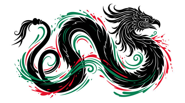 Stylized Mexican feathered serpent dragon with green and red accents vector illustration