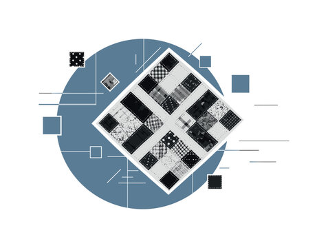 retro quilt patchwork made from faded vintage fabrics arranged in diamond pattern, black and white textile pieces with stitched borders, large dusty blue