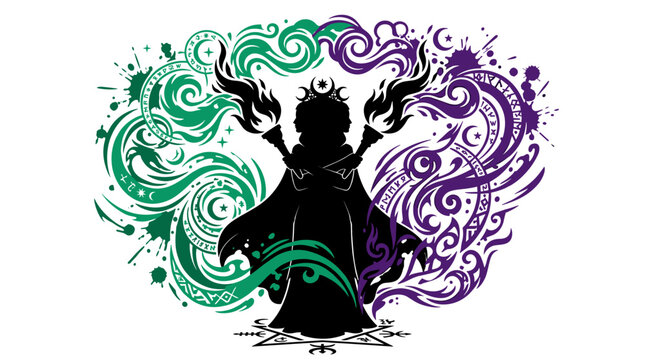 Triple headed goddess Hecate silhouette holding torches with mystical swirls vector illustration