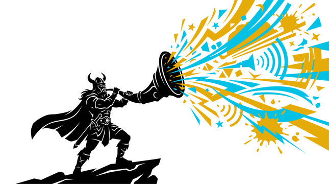Viking warrior blowing horn on cliff with abstract sound waves vector illustration