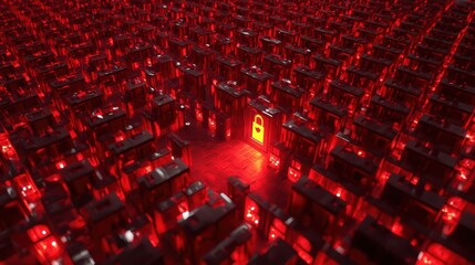 Fototapeta premium Glowing red firewall with one yellow light abstract 3d render of secure network system with single point of access