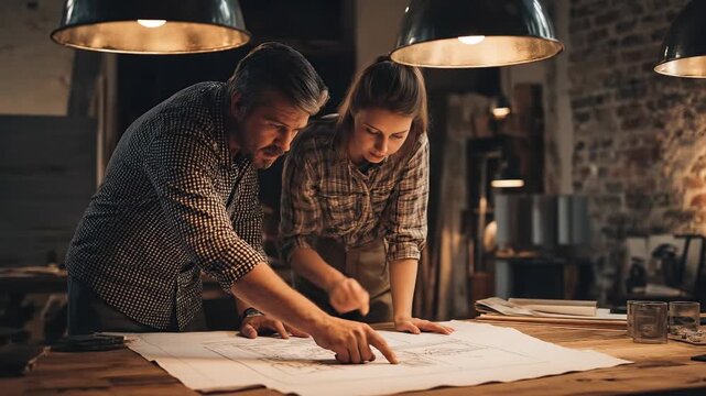 Two professional architects, man and woman, working on blueprints in dimly lit industrial loft studio. Concept of teamwork, creative planning and atmospheric interior design