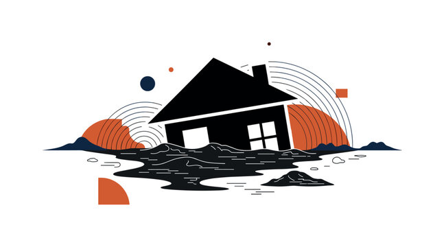 black and white partially buried house surrounded by thick mud after a landslide, cut-out collage object with white outline, layered semicircles and jagged