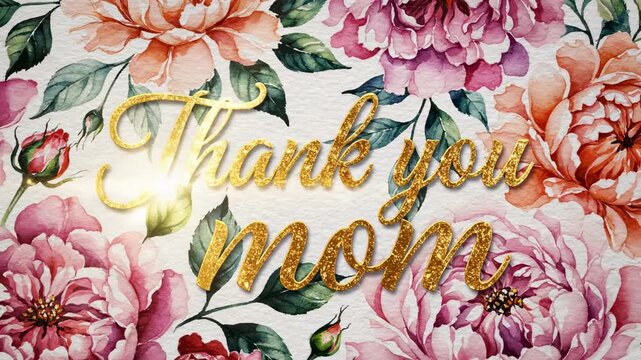 Watercolor animated illustration of pink and peach peonies with golden "Thank you mom" glitter text. Festive, artistic design perfect for Mother's Day greeting cards and floral banners