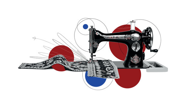 black and white vintage sewing scissors cutting fabric with detailed costume embroidery visible, white cut-out outline effect, layered circular shapes and thin