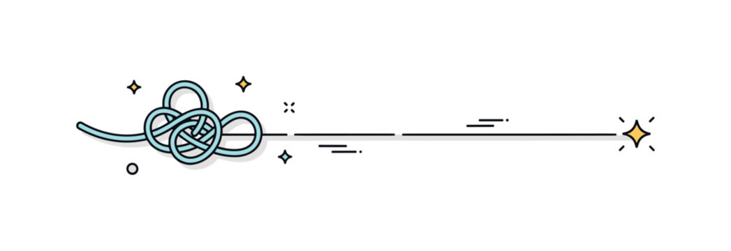 Untangling process showing a tight knot of string gradually straightening into a clean line with a small star accent at the end. The composition reflects