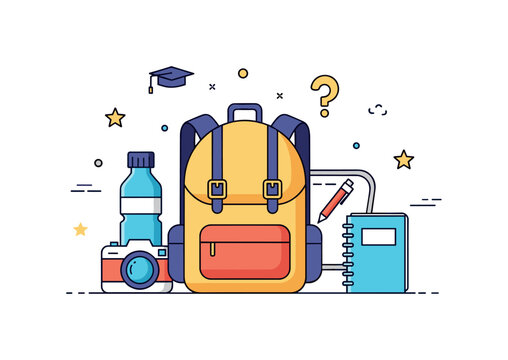 Class field trip planning illustrated by a backpack surrounded by simple travel items including a water bottle, camera, and small notebook. Friendly
