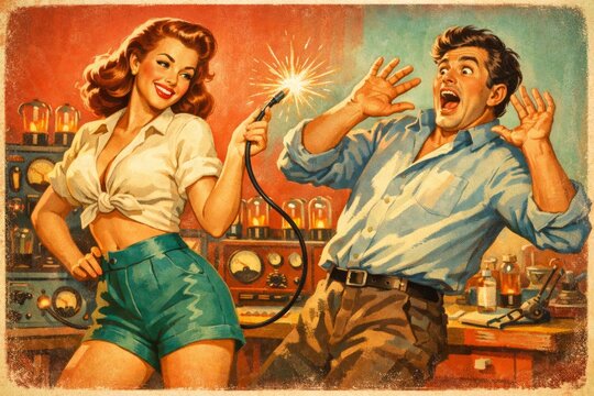 Colorful retro illustration of a flirtatious woman teasing a surprised man with a sparking cable in a cluttered laboratory, capturing humor, romance, and 1950s nostalgia.