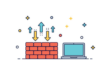 Firewall icon digital security concept with a small brick wall standing between a laptop and a cluster of incoming data arrows. The clear visual metaphor