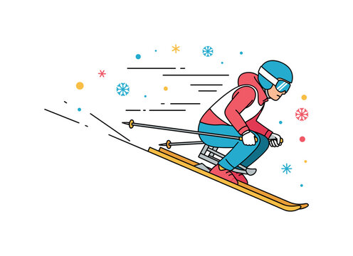 Paralympic skiing athlete racing downhill on adaptive sit ski equipment with small snowflakes and speed lines surrounding the motion. The scene conveys winter
