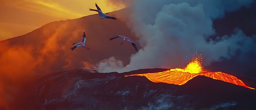 flaming birds with fire like wings flying over volcano