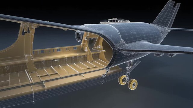 Transparent aircraft cutaway revealing fuselage interior structure.