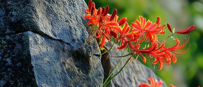 Flame Lily climbing old stone wall