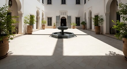 Naklejka premium Tranquil Moroccan courtyard with a central fountain and lush potted plants creating a serene oasis of peace and relaxation