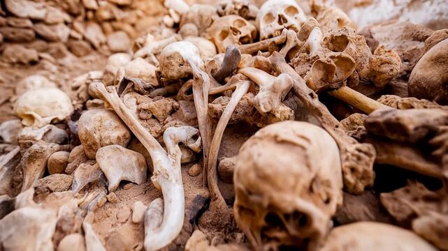 Pile of human skulls and bones arranged in archaeological setting illustrating mortality history remembrance tragedy and cultural heritage in stark detailed view