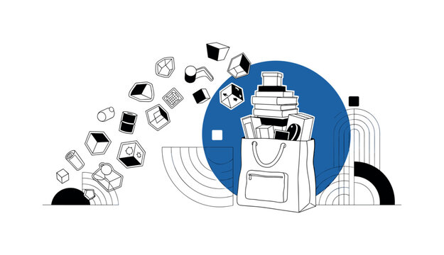 conceptual bag repacking scene with items moving from scattered to neatly stacked, black and white cut-out objects outlined in white, bold blue circle behind