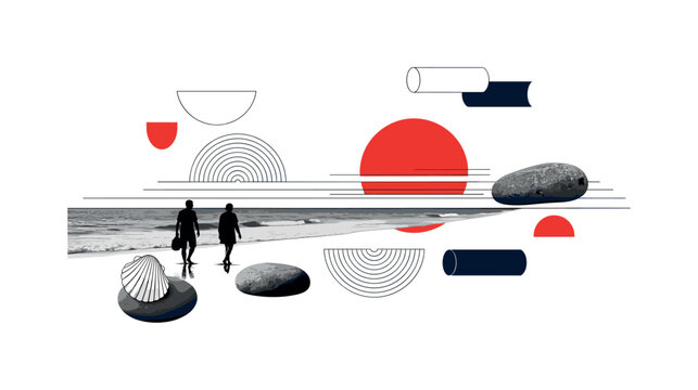 surreal romantic beach walk with black and white silhouette figures near the water, white cut-out outline effect, giant red circle sun partially hidden by