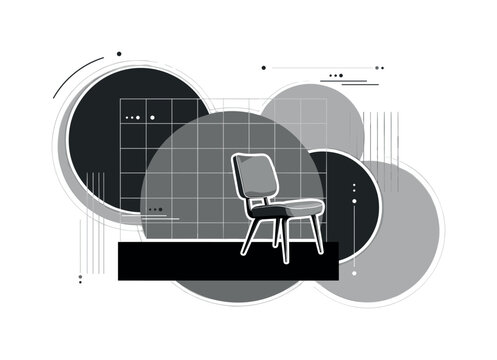 Black and white abstract still life with retro chair and bold overlapping grayscale circles, structured thin grid lines in soft gray, dark rectangular block