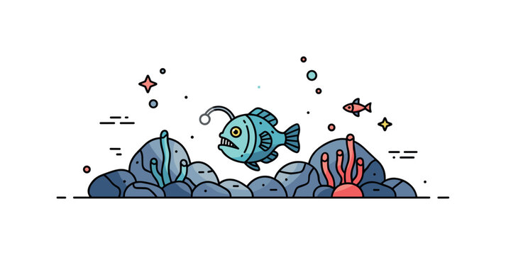 Deep ocean ecosystem mysterious underwater environment with a stylized anglerfish glowing softly among rocks and drifting particles. The composition captures