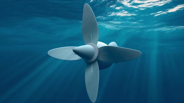 Underwater tidal turbine rotor spinning in clear ocean.