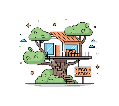 Eco luxury treehouse retreat elevated among soft leafy branches with a cozy modern cabin and a small sign reading ?Eco Stay?. The visual suggests peaceful