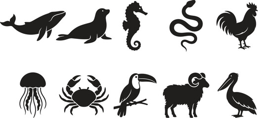 Obraz premium A collection of black silhouettes of various animals on a white background