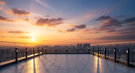 Fototapeta premium Rooftop terrace at sunset with city skyline and dramatic clouds, perfect for relaxation and urban views