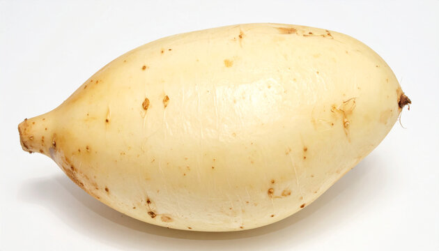 Creamy white daikon radish with brown markings on a plain white surface