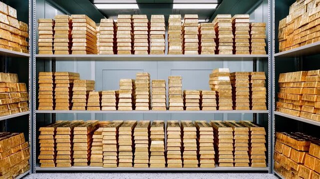 Interior view of vault room filled with rows of gold bars highlighting wealth management security systems banking reserves and long term investment confidence