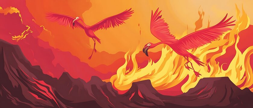 flaming birds with fire like wings flying over volcano