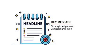Fototapeta premium Brand messaging outline scene highlighting a notepad with headline and bullet point lines, paired with a small target icon symbolizing audience focus. A