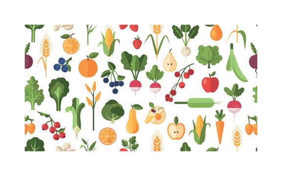 agricultural biodiversity with diverse crops, grains, fruits, vegetables and small farm plants arranged in rich natural composition, seamless