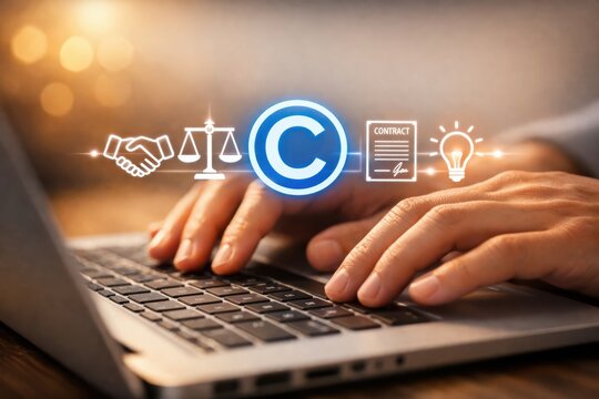 Copyright Enforcement: A person's hand meticulously types on a laptop, a copyright symbol overlaid, symbolizing protection, originality, and the legal framework around intellectual property