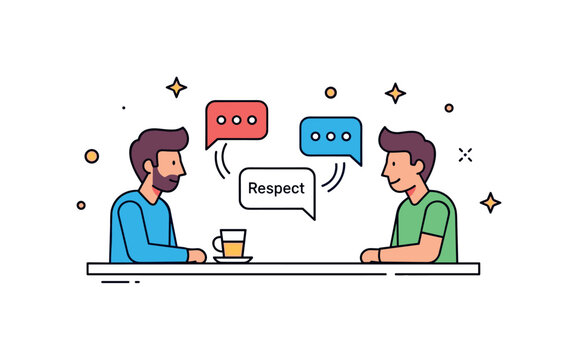 Mutual respect in relationships two partners exchanging speech bubbles with a small word Respect while calmly facing each other across a shared table. The