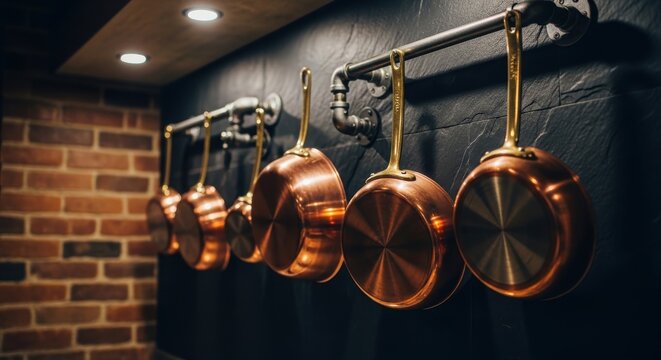 Row of gleaming copper pots and pans hanging on a rustic metal rack against a dark slate wall