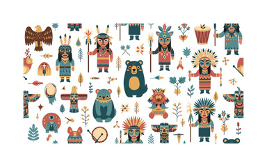 Fototapeta premium tribal shaman practices seamless pattern, shamans with ceremonial attire, animal spirits, masks, totems, drums and forest plants arranged in a repeating